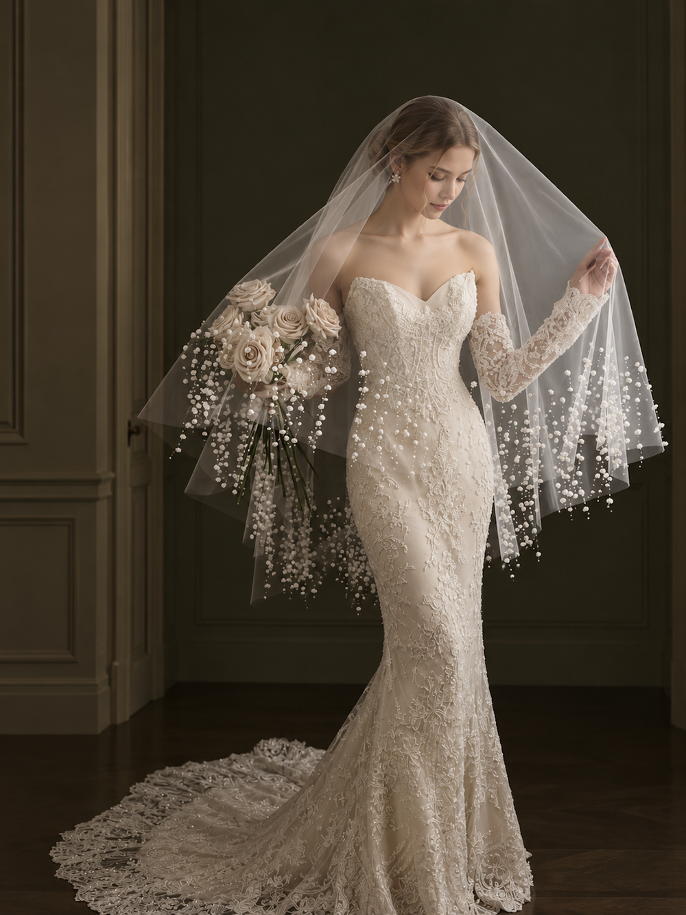 Cascading Lily of the Valley Pearl Bridal Veil