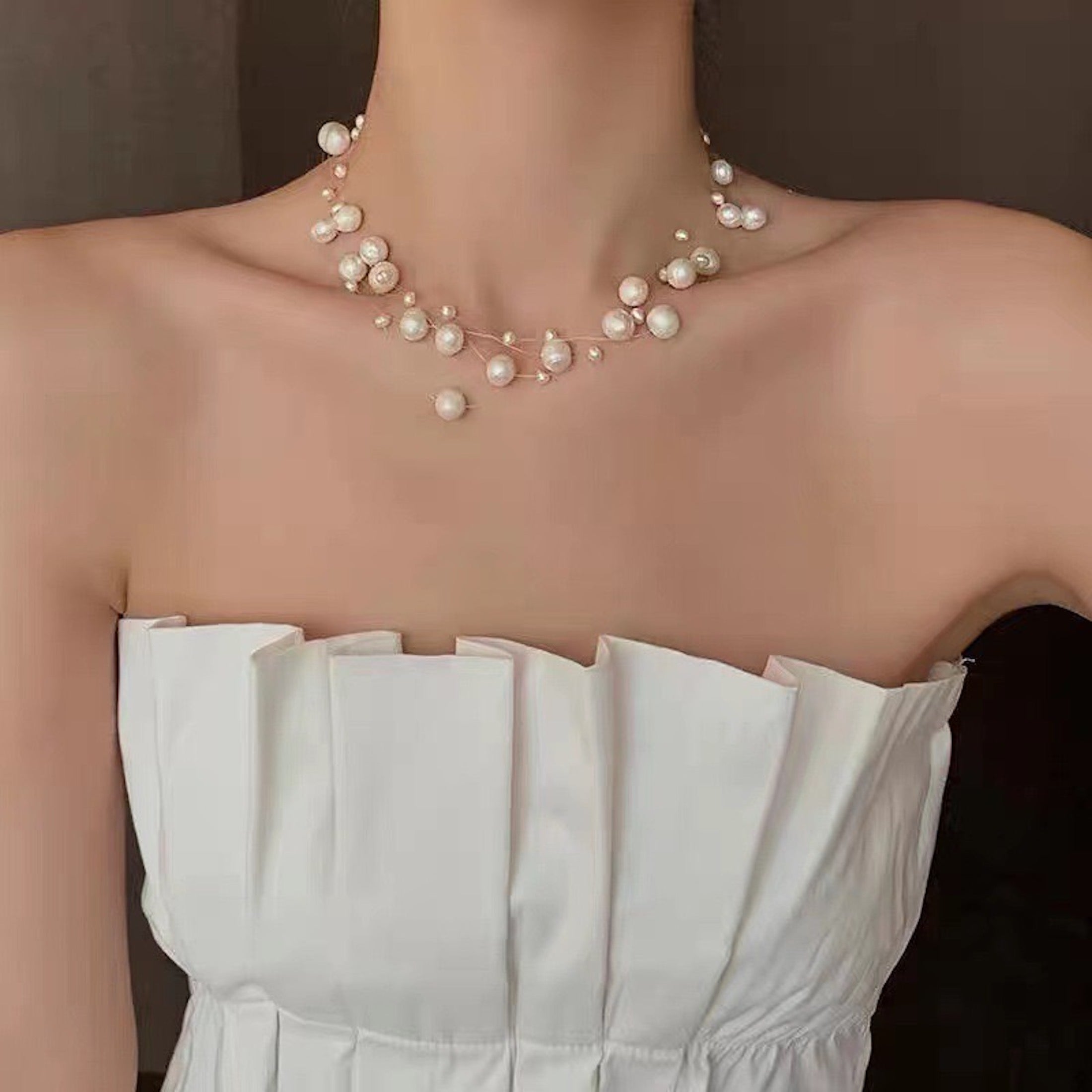 Freshwater Pearl Beads Transparent Line Bridal Choker • LanLivia