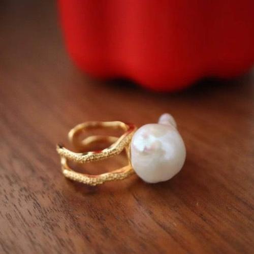 Lustre Baroque Pearl Ring featuring a large genuine freshwater baroque pearl on a textured gold vermeil adjustable band.