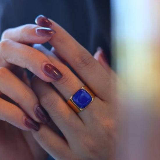 Royal Square Lapis Lazuli Statement Ring featuring a square genuine lapis lazuli gemstone set in a bold gold vermeil signet-inspired band.