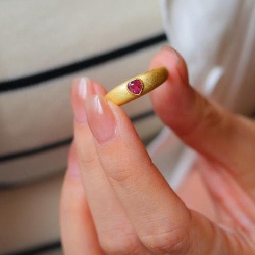 Natural Pink Tourmaline Heart Ring featuring a genuine heart-shaped pink tourmaline set on a satin-finished gold vermeil band.