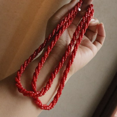 Stylish Red Coral Braided Beads Necklace