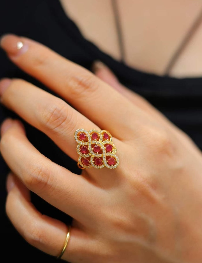 Natural Ruby Palace Statement Ring featuring genuine ruby gemstones arranged in an ornate gold-plated cluster setting with intricate openwork detailing.