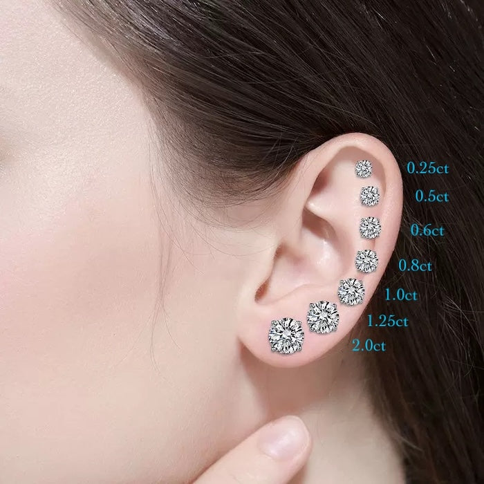 Classic 6 Claw Solitaire Moissanite Earrings featuring round brilliant moissanite stones secured in elegant six-claw stud settings.