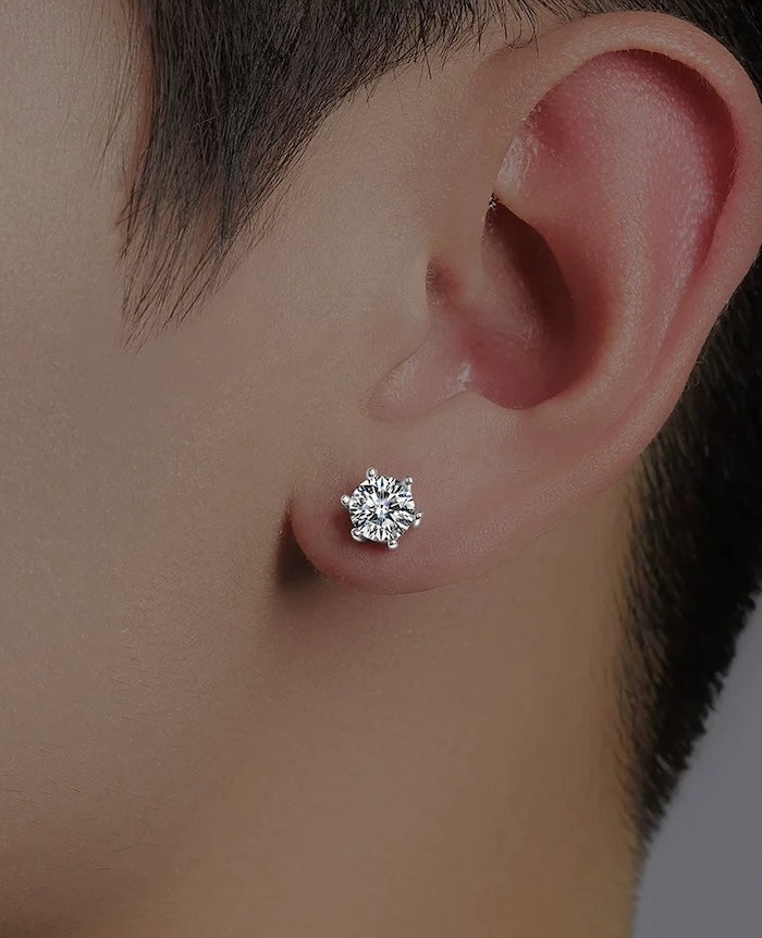 Classic 6 Claw Solitaire Moissanite Earrings featuring round brilliant moissanite stones secured in elegant six-claw stud settings.
