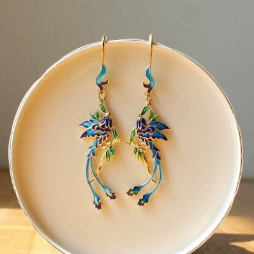 Dynasty Cloisonné Phoenix & Flower Earrings featuring colorful enamel phoenix or floral motifs with intricate gold-tone cloisonné detailing.