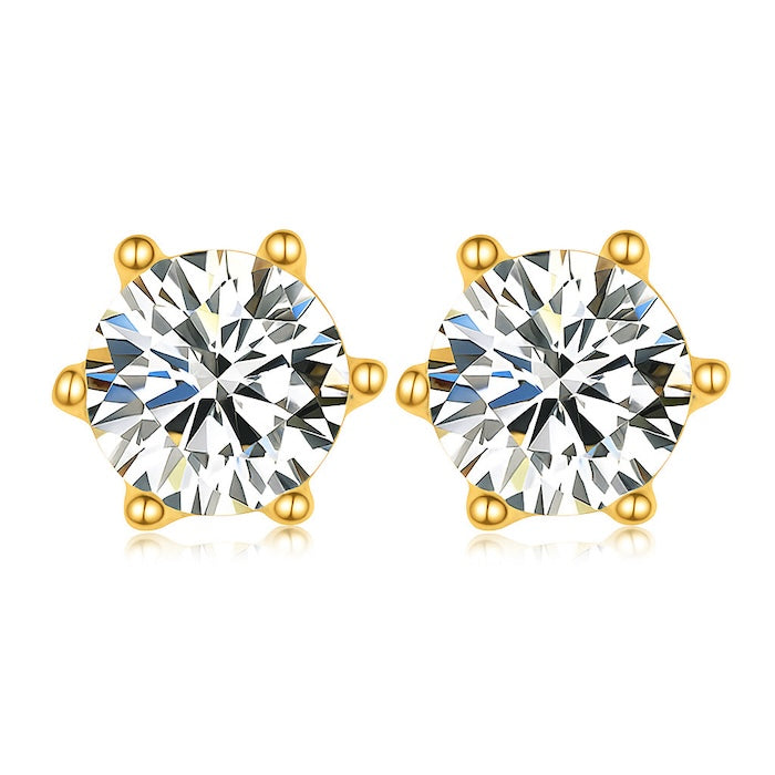 Classic 6 Claw Solitaire Moissanite Earrings featuring round brilliant moissanite stones secured in elegant six-claw stud settings.
