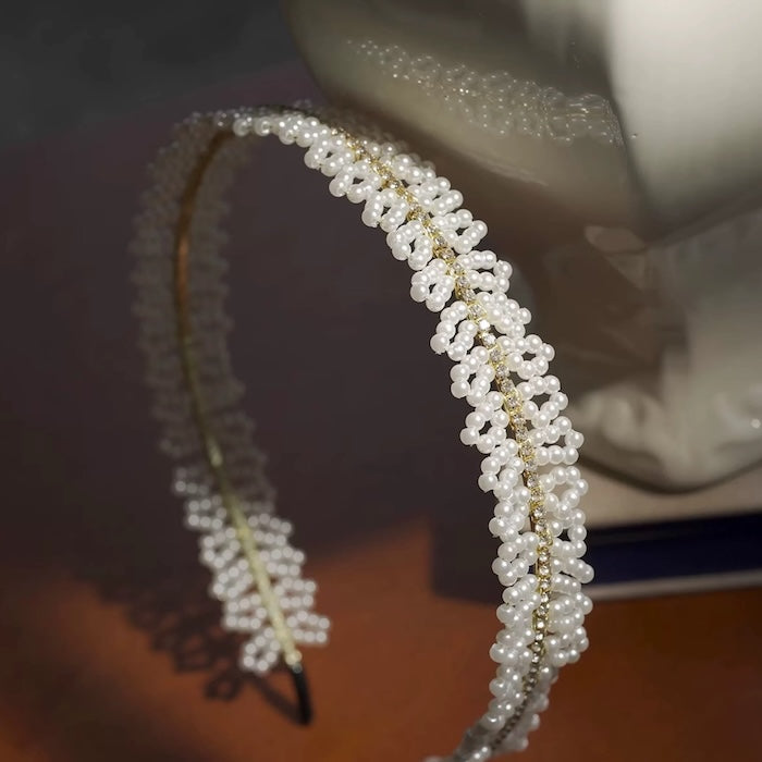 Handcrafted Pearl Beaded Headband with handwoven simulated pearls, cubic zirconia accents, and a slim gold-plated frame for bridal and elegant occasion styling.