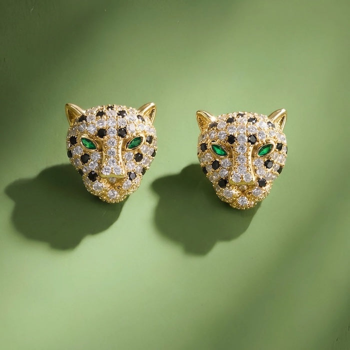 Regal Jeweled Leopard Head Stud Earrings in Rose Pink and Black & Gold, featuring green eyes and patterned cubic zirconia detailing.