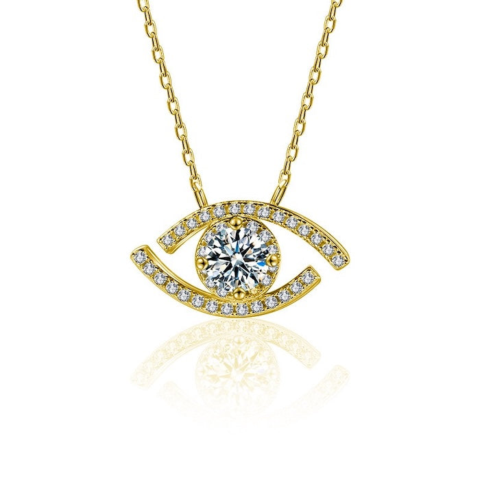 Lucky Eye Moissanite Necklace with a sparkling 0.5 ct center stone set in an eye-shaped pendant with pavé accents, available in sterling silver and gold vermeil.