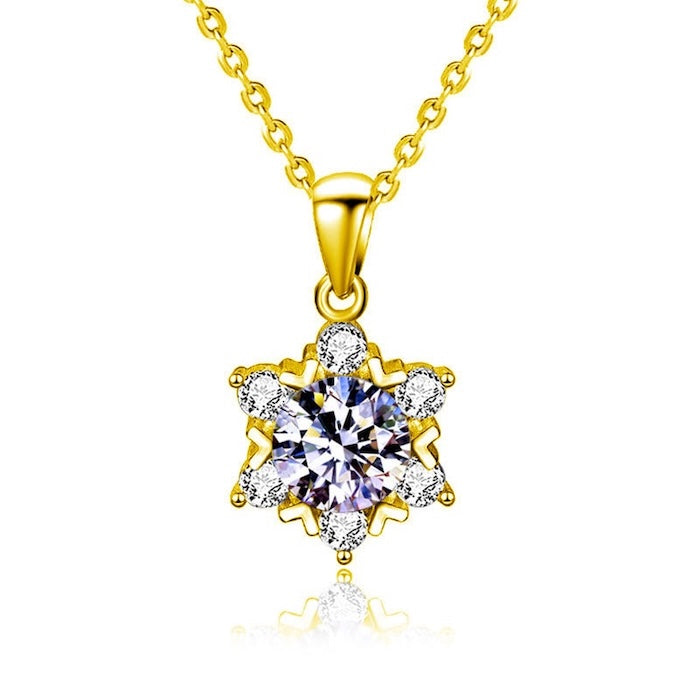 Luxe Moissanite Snowflake Necklace featuring a 1 ct round moissanite center stone surrounded by sparkling accent stones in a snowflake-inspired sterling silver pendant.