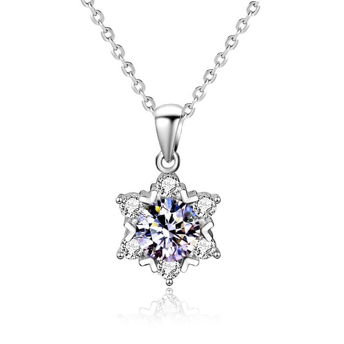 Luxe Moissanite Snowflake Necklace featuring a 1 ct round moissanite center stone surrounded by sparkling accent stones in a snowflake-inspired sterling silver pendant.