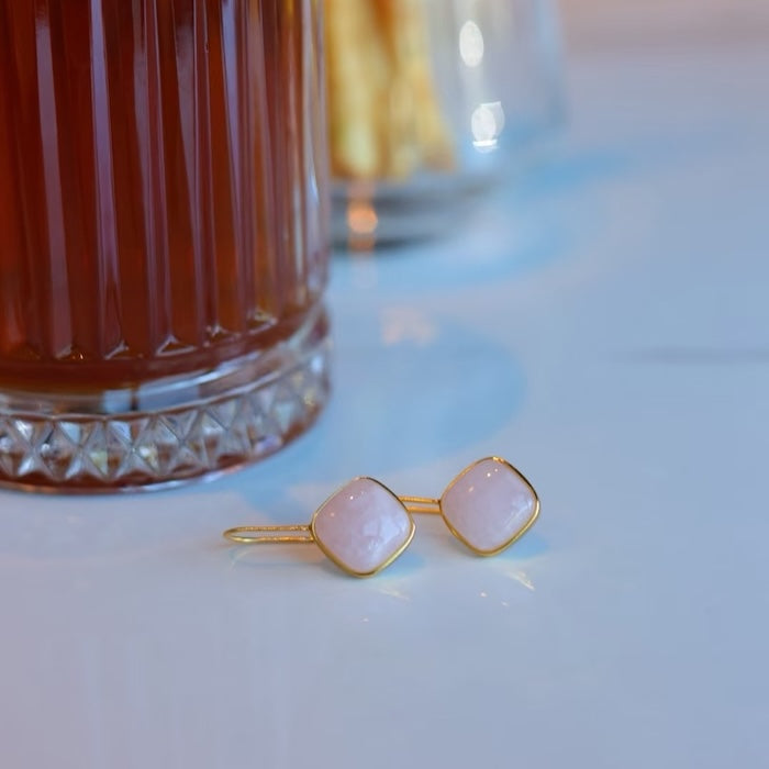 Rose Quartz Sugar Cube Drop Earrings featuring genuine cushion-cut rose quartz gemstones in a minimalist gold vermeil drop setting.