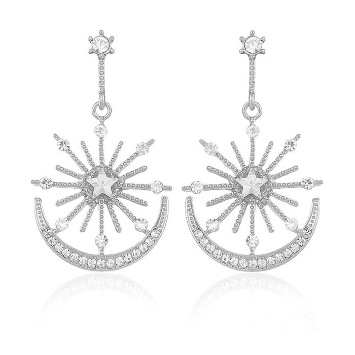 Celestial Moon & Star Drop Earrings featuring radiant starburst details, sparkling crystal accents, pearl embellishments, and a crescent moon silhouette in gold or silver plating.