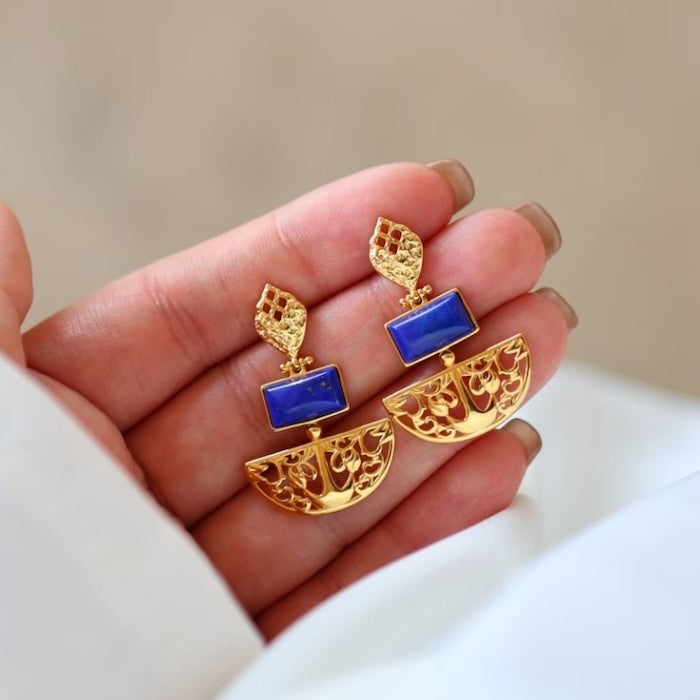 Royal Style Lapis Lazuli Drop Earrings featuring genuine deep-blue lapis lazuli stones suspended from ornate gold vermeil filigree drops.