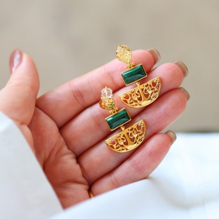 royal Style Malachite Drop Earrings featuring genuine green malachite stones suspended from ornate gold vermeil filigree drops.