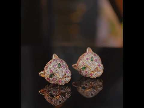 Regal Jeweled Leopard Head Stud Earrings in Rose Pink and Black & Gold, featuring green eyes and patterned cubic zirconia detailing.