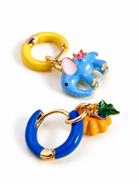Enchanted Elephant & Pumpkin Enamel Hoop Earrings featuring a blue elephant charm and an orange pumpkin charm with vibrant hand-painted enamel on gold-plated brass hoops, measuring 3 × 1.5 cm.