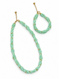 Lucky Jade Braided Necklace and Bracelet Set featuring genuine jade beads in an intricate braided design with gold-tone accents, convertible into a longer necklace.