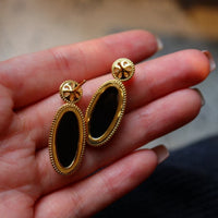 Heirloom black onyx pearl drop earrings crafted with genuine black onyx, freshwater pearls and gold vermeil.