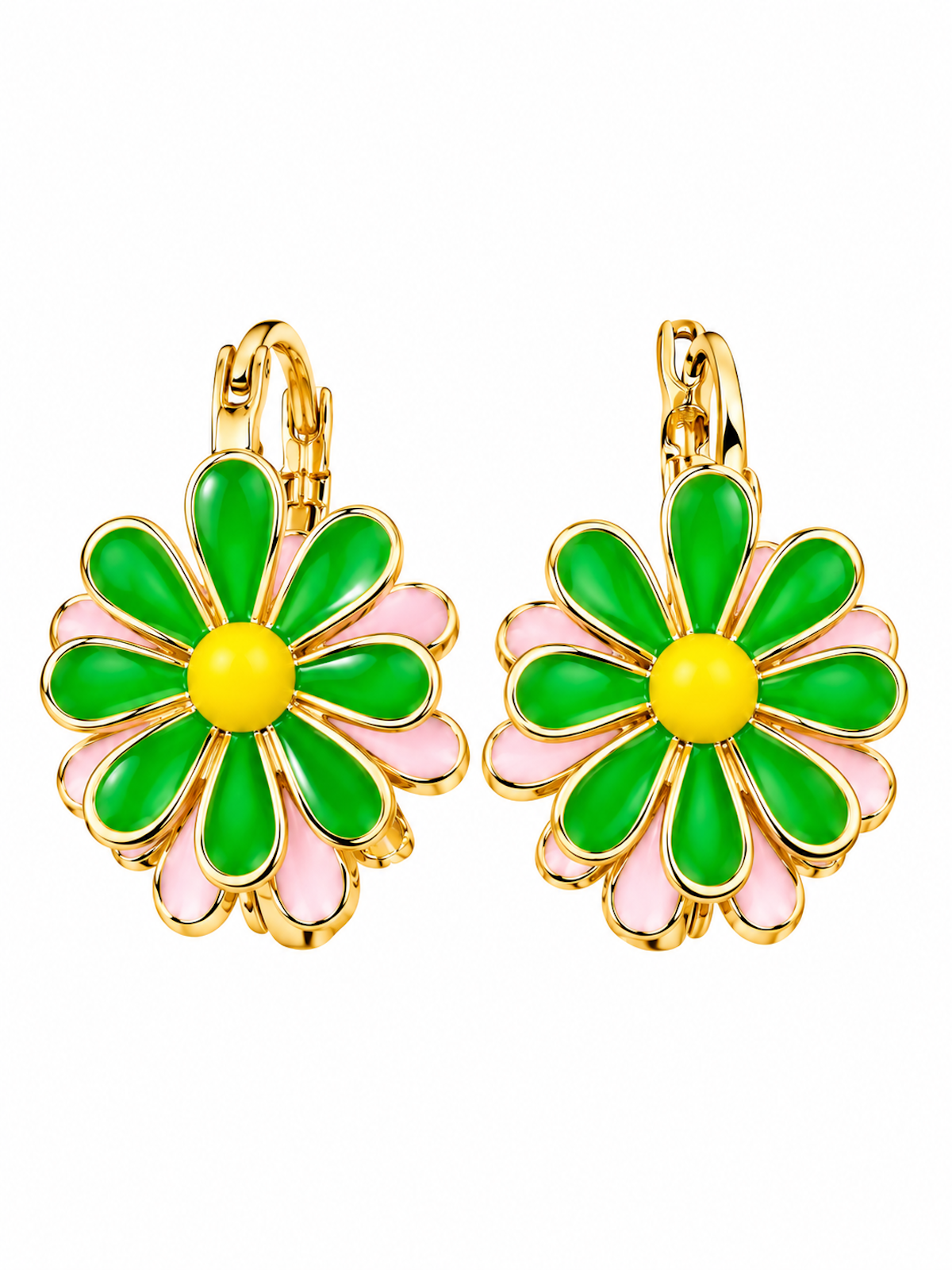Golden Twin Daisy Hoop Earrings featuring one green enamel daisy and one soft pink enamel daisy suspended from polished gold-tone hoops.