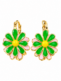 Golden Twin Daisy Hoop Earrings featuring one green enamel daisy and one soft pink enamel daisy suspended from polished gold-tone hoops.