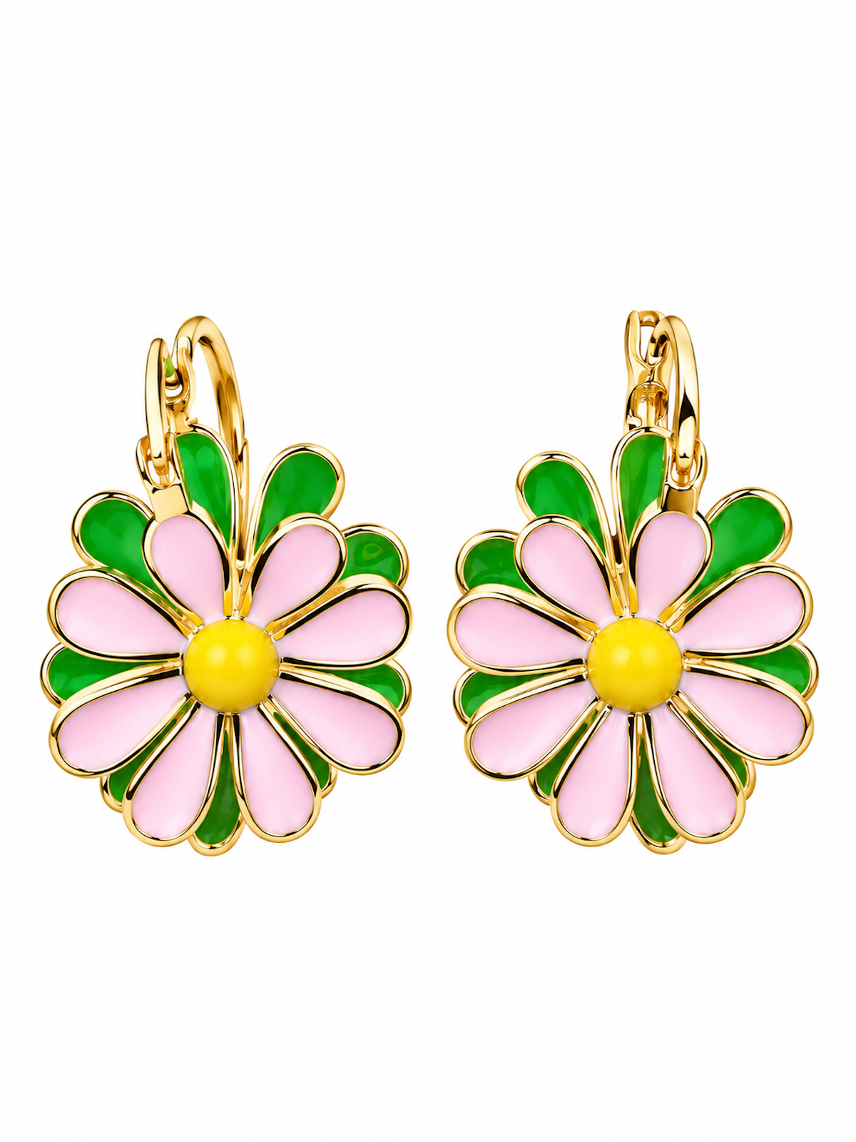 Golden Twin Daisy Hoop Earrings featuring one green enamel daisy and one soft pink enamel daisy suspended from polished gold-tone hoops.