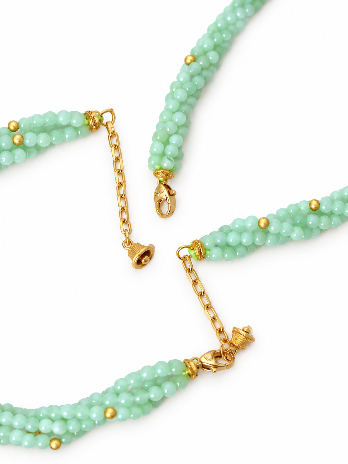 Lucky Jade Braided Necklace and Bracelet Set featuring genuine jade beads in an intricate braided design with gold-tone accents, convertible into a longer necklace.