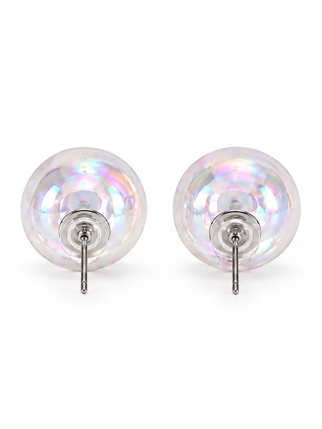 Iridescent Aurora Crystal Orb Stud Earrings with luminous rainbow reflections and polished round design.