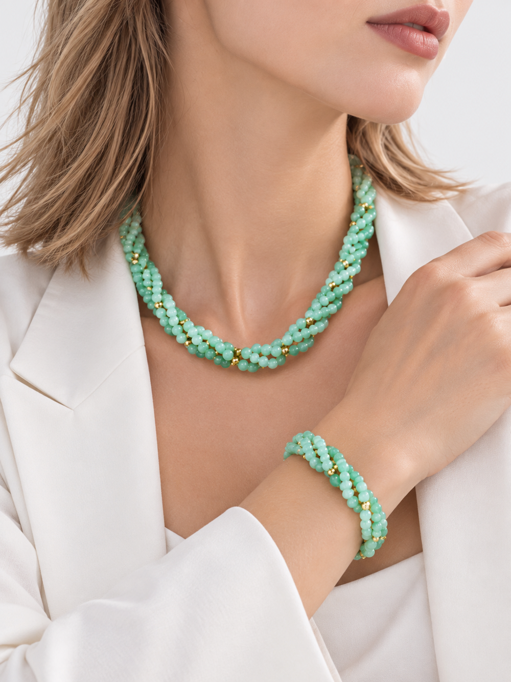 Lucky Jade Braided Necklace and Bracelet Set featuring genuine jade beads in an intricate braided design with gold-tone accents, convertible into a longer necklace.