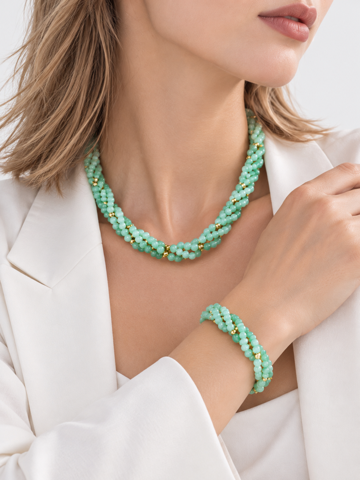 Lucky Jade Braided Necklace and Bracelet Set featuring genuine jade beads in an intricate braided design with gold-tone accents, convertible into a longer necklace.