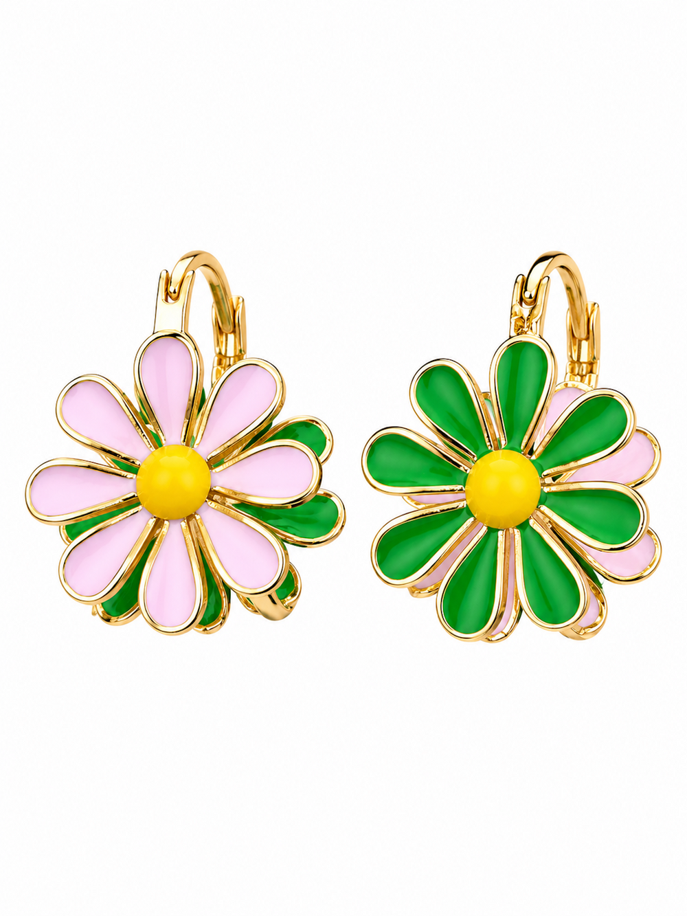 Golden Twin Daisy Hoop Earrings featuring one green enamel daisy and one soft pink enamel daisy suspended from polished gold-tone hoops.