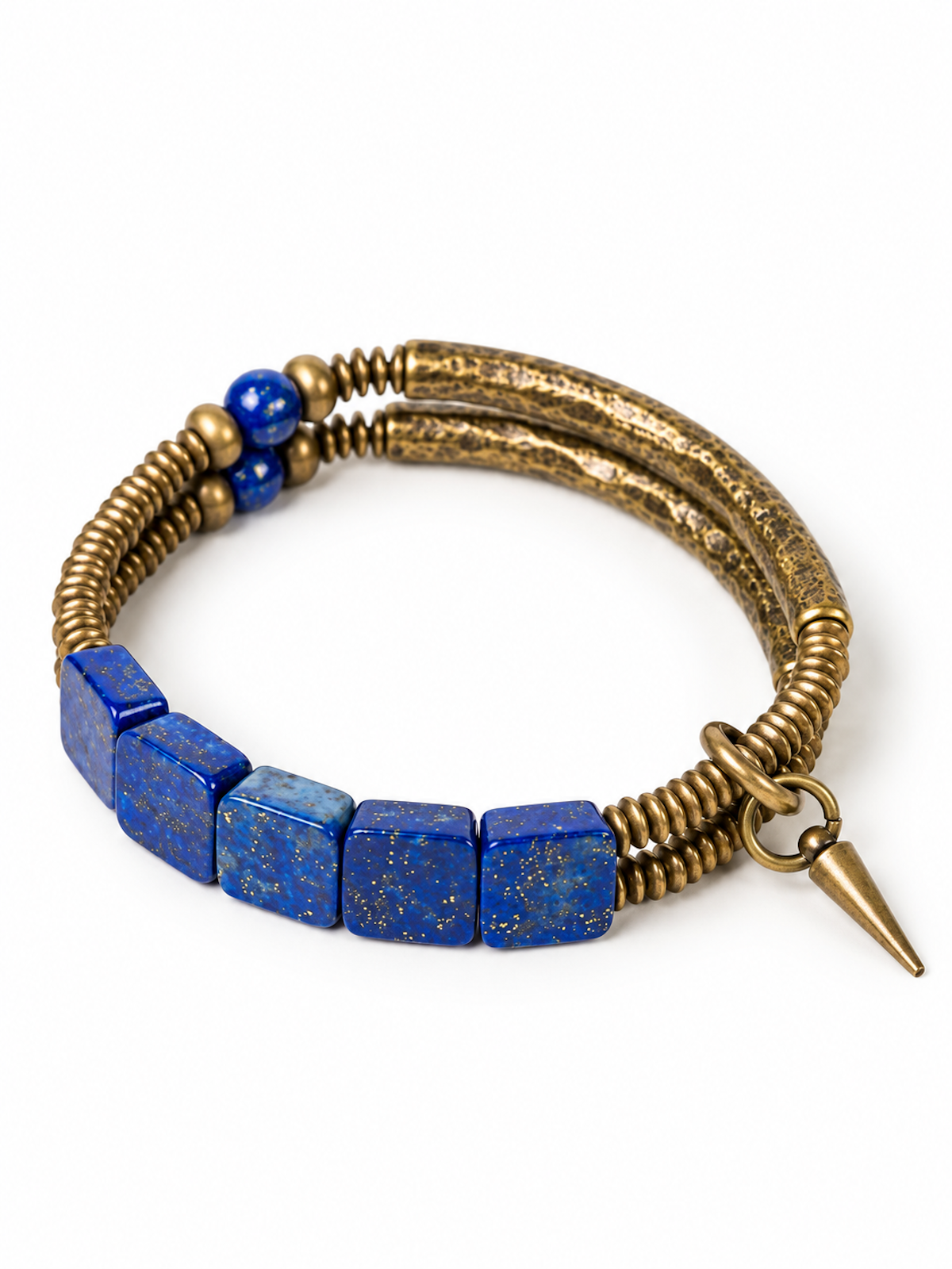Lapis Lazuli Square Bead Bracelet featuring genuine deep-blue lapis lazuli square beads, layered bronze-toned bangles, and a vintage-inspired charm.