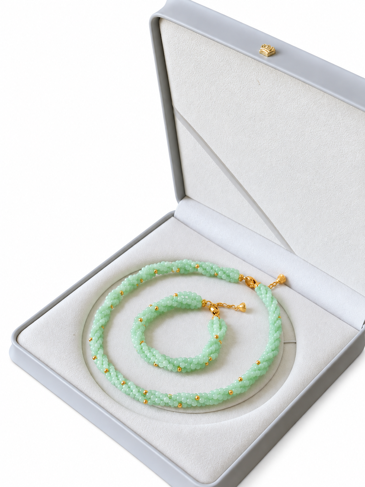 Lucky Jade Braided Necklace and Bracelet Set featuring genuine jade beads in an intricate braided design with gold-tone accents, convertible into a longer necklace.