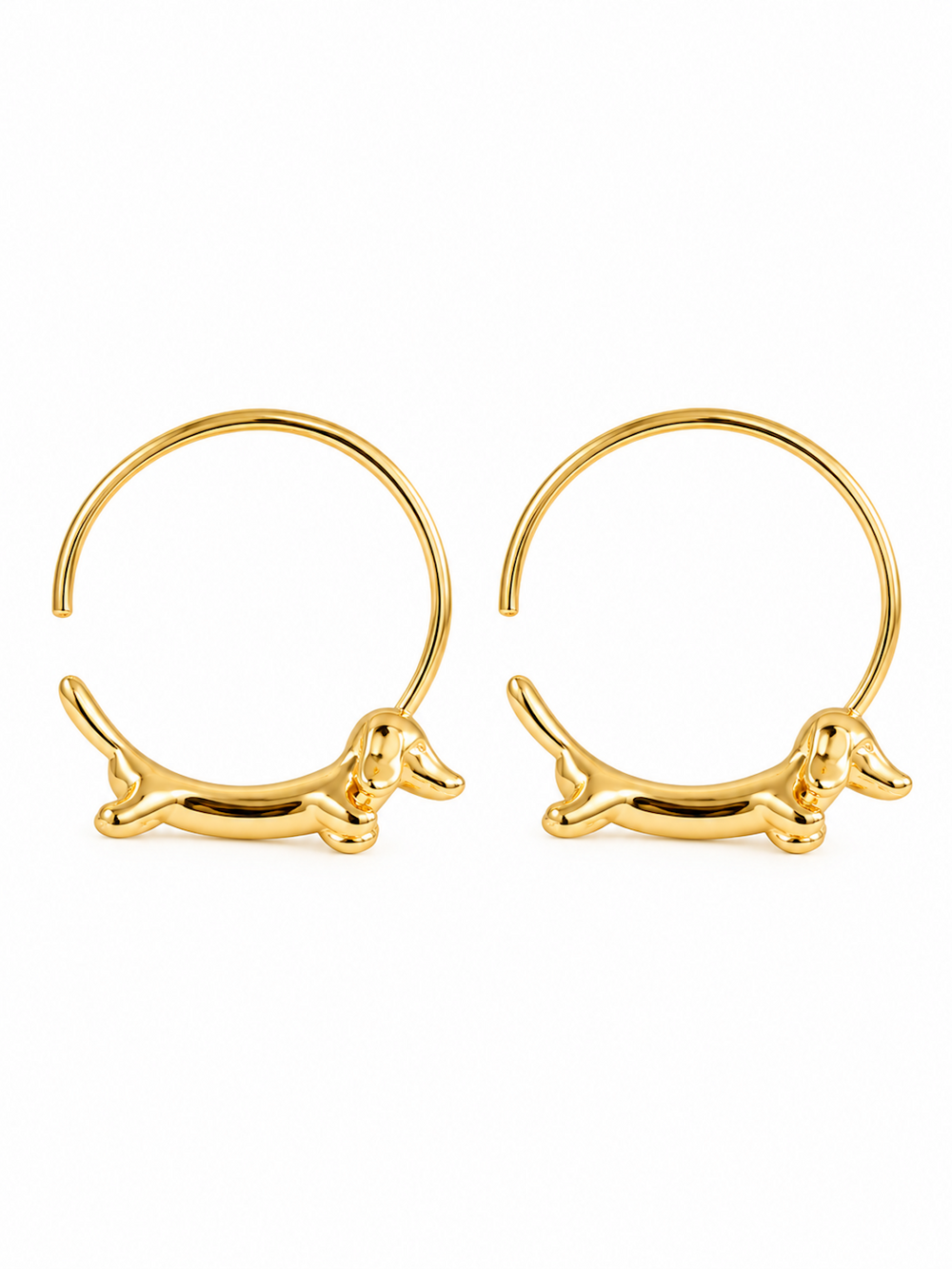 Charming Dachshund Hoop Earrings in 18K gold filled featuring a sculpted dachshund seamlessly integrated into a polished hoop design.
