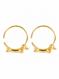 Charming Dachshund Hoop Earrings in 18K gold filled featuring a sculpted dachshund seamlessly integrated into a polished hoop design.