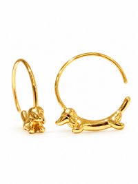 Charming Dachshund Hoop Earrings in 18K gold filled featuring a sculpted dachshund seamlessly integrated into a polished hoop design.