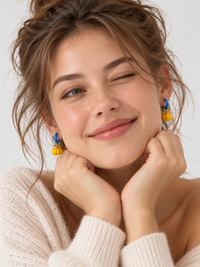 Enchanted Elephant & Pumpkin Enamel Hoop Earrings featuring a blue elephant charm and an orange pumpkin charm with vibrant hand-painted enamel on gold-plated brass hoops, measuring 3 × 1.5 cm.
