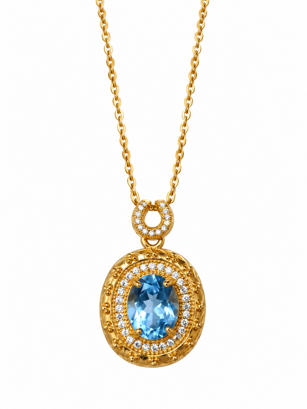 Heirloom Blue Topaz Pendant Necklace featuring an oval genuine blue topaz gemstone surrounded by ornate gold vermeil detailing and delicate sparkling accents.