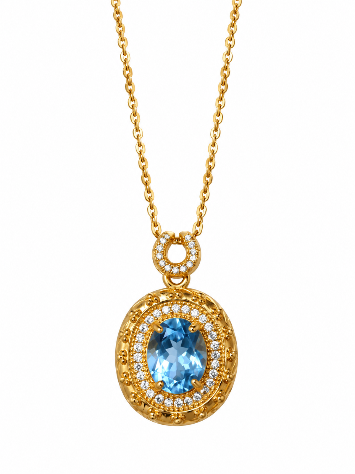 Heirloom Blue Topaz Pendant Necklace featuring an oval genuine blue topaz gemstone surrounded by ornate gold vermeil detailing and delicate sparkling accents.