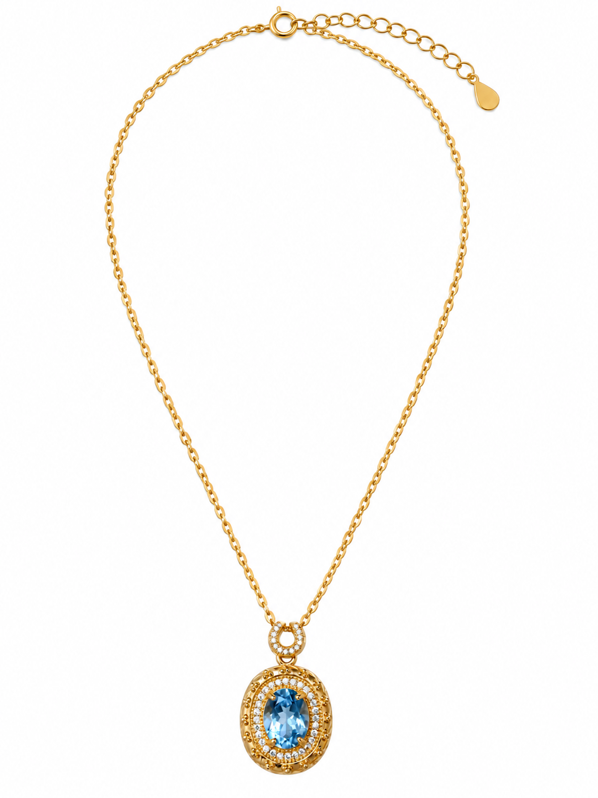 Heirloom Blue Topaz Pendant Necklace featuring an oval genuine blue topaz gemstone surrounded by ornate gold vermeil detailing and delicate sparkling accents.