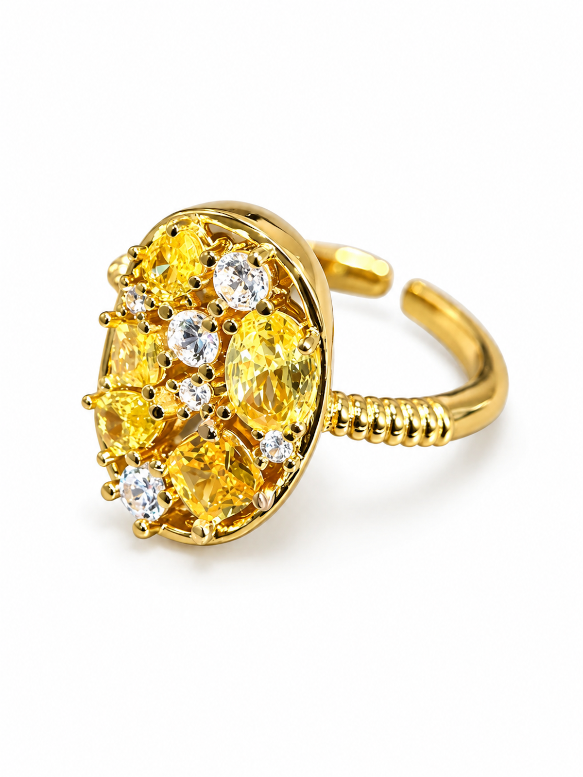 Yellow Crystal Cluster Open Ring featuring vibrant yellow zirconias and sparkling clear crystal accents in a gold-plated adjustable setting.
