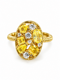Yellow Crystal Cluster Open Ring featuring vibrant yellow zirconias and sparkling clear crystal accents in a gold-plated adjustable setting.
