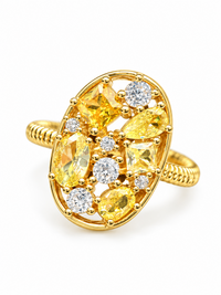 Yellow Crystal Cluster Open Ring featuring vibrant yellow zirconias and sparkling clear crystal accents in a gold-plated adjustable setting.
