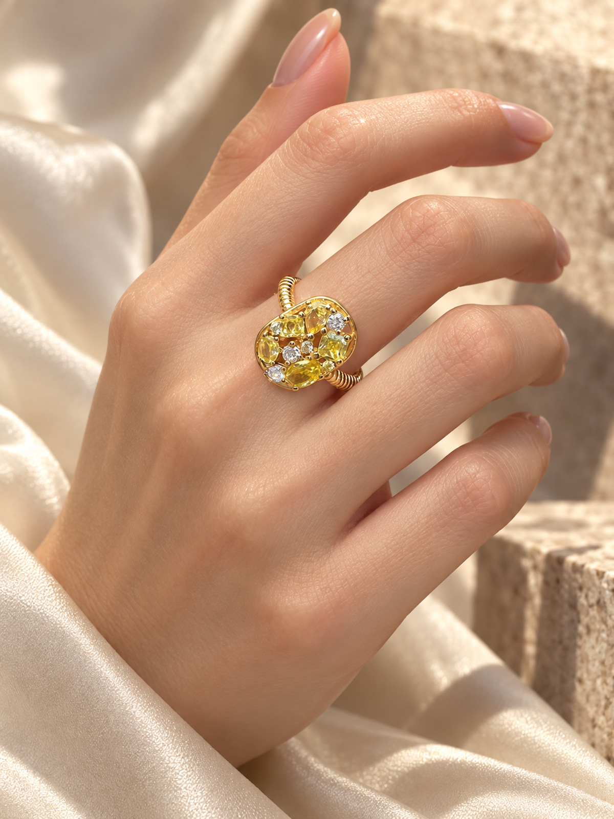 Yellow Crystal Cluster Open Ring featuring vibrant yellow zirconias and sparkling clear crystal accents in a gold-plated adjustable setting.
