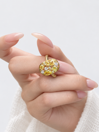 Yellow Crystal Cluster Open Ring featuring vibrant yellow zirconias and sparkling clear crystal accents in a gold-plated adjustable setting.

