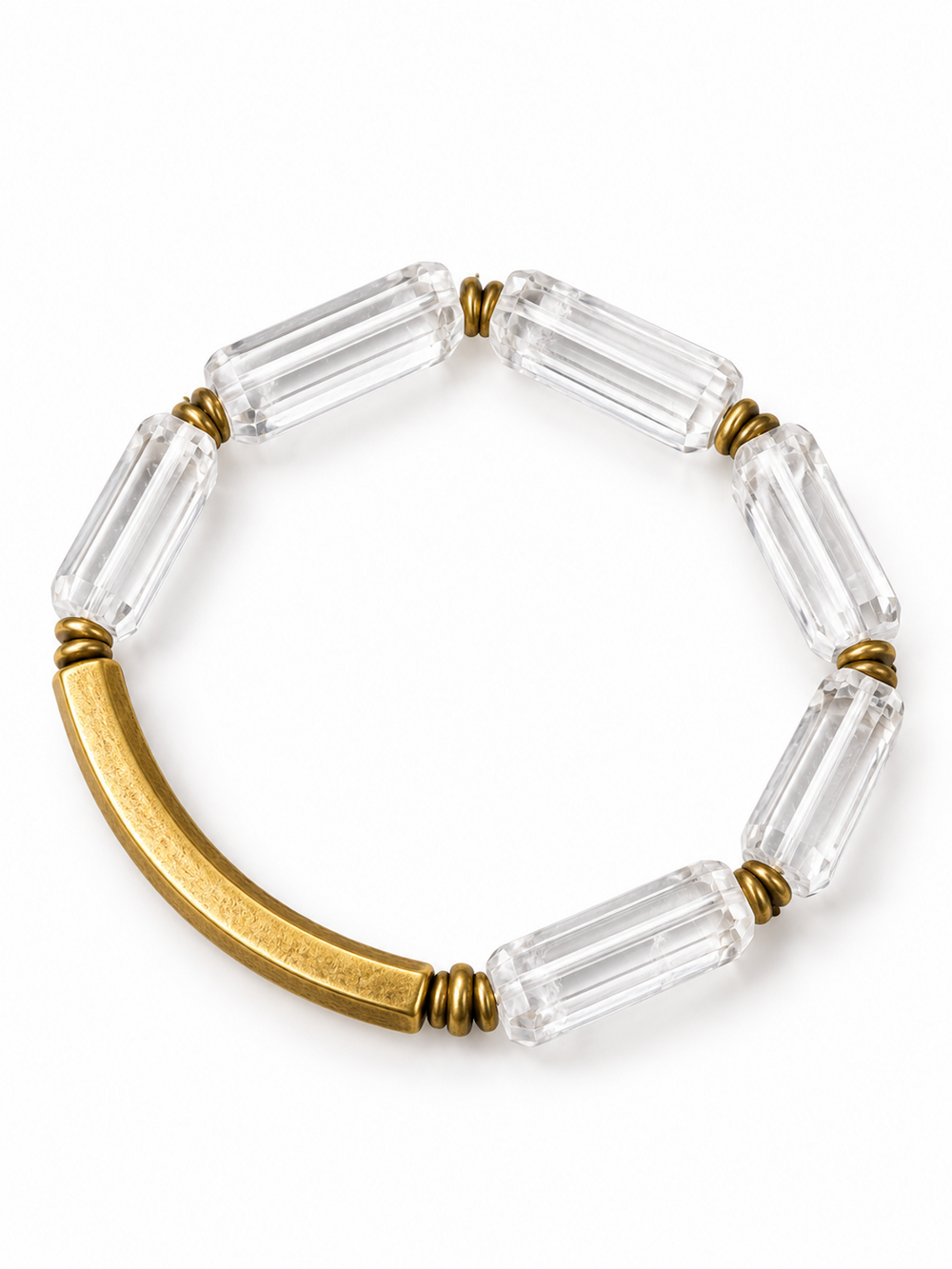 Clear Quartz Bar Bracelet featuring genuine clear quartz stone bars, bronze-toned findings, and a vintage-inspired charm.