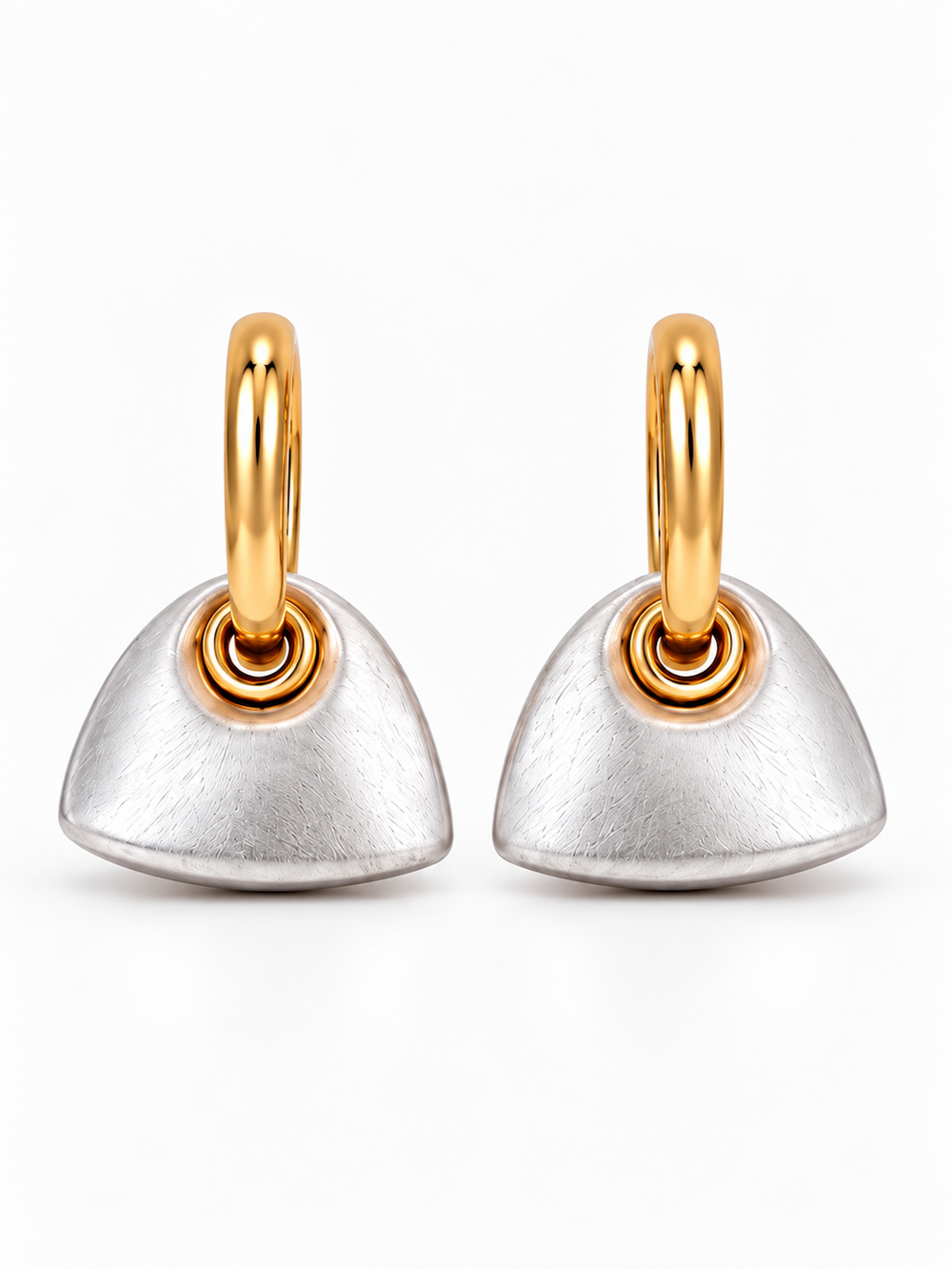 Two-Tone Handbag Charm Drop Earrings with brushed silver handbag pendants and polished gold details.