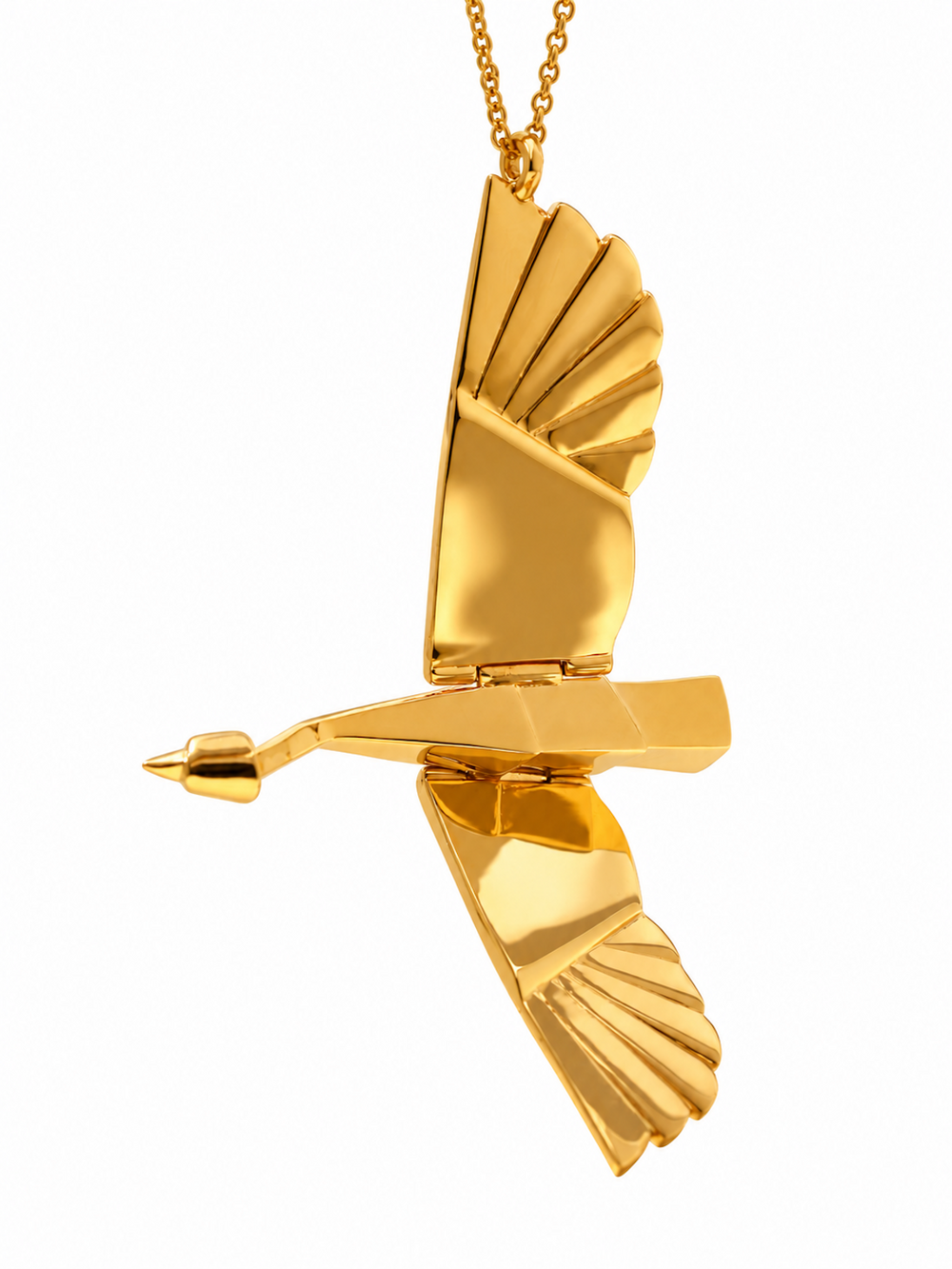 Wild Goose Journey Articulated Pendant Necklace with movable wings and geometric feather detailing.