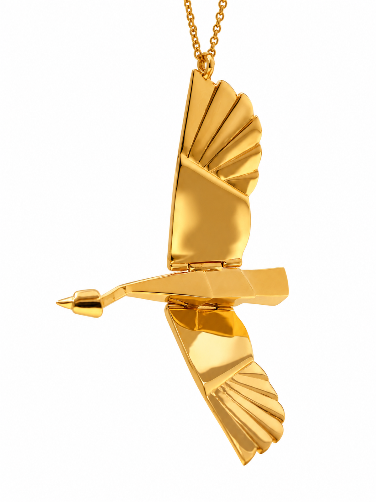 Wild Goose Journey Articulated Pendant Necklace with movable wings and geometric feather detailing.